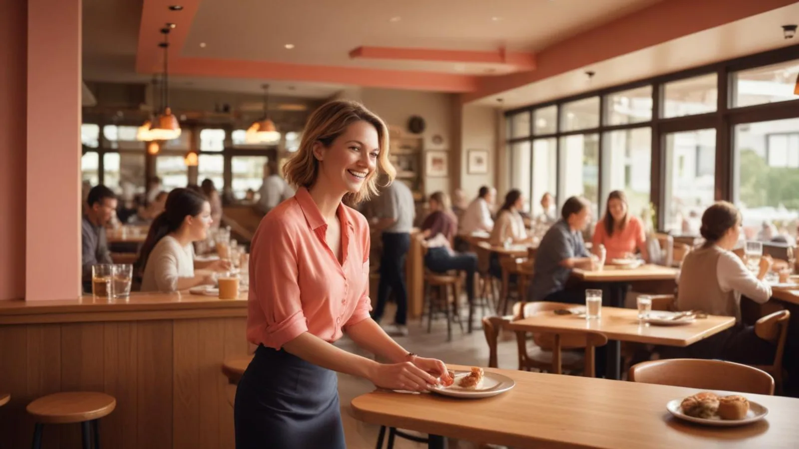 Warm restaurant dining room in mid-service, seen from the counter