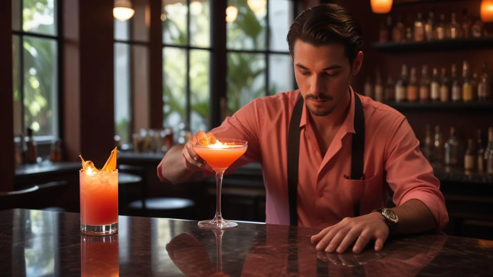 Bartender mixing a cocktail with the recipe sheet on a tablet