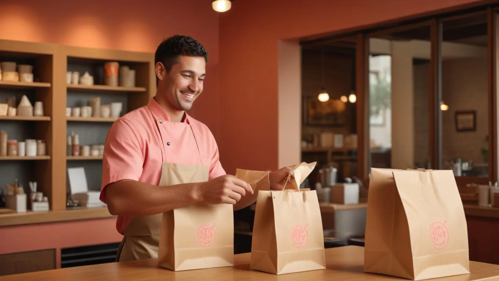 Takeaway order bags ready on a restaurant counter
